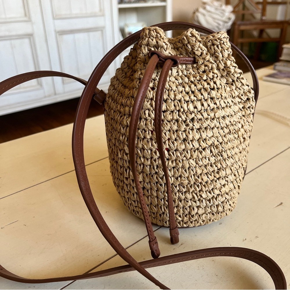 J Crew Womens Adjustable Strap Woven Straw Bucket Bag Handbag Beige Brown NWT - Picture 5 of 9